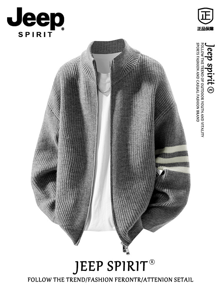 Jeep spiritジップスタンドネックカーディガンコート男秋冬ゆったり厚手ゆったりニット男柄