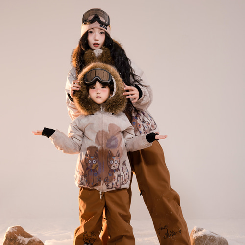 25-26 スノボウェア 上下セット 親子 キッズ 子供 猫柄 3L メンズ
