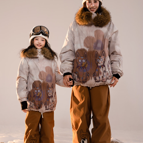 25-26 スノボウェア 上下セット 親子 キッズ 子供 猫柄 3L メンズ