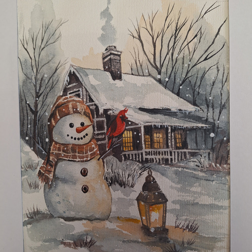 水彩アート「冬の集落　蒼」1点物、手描き真筆。 水彩画 スノーマンのお散歩 絵画 makochin 通販 20239461｜Creema