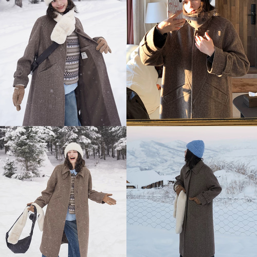 絢爛豪華☆D&Gイタリア製 ブラウンボア ヘリンボーン ウールハーフコート LL 春先まで活躍 軽やか2Way襟と立体裁断ヘリンボーン柄ウール裏地付き