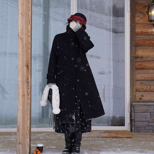 2Way襟と立体裁断 ウール100%裏地付きロングコート ポケット付き【春