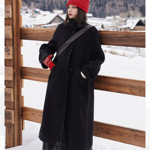 2Way襟と立体裁断 ウール100%裏地付きロングコート ポケット付き【春