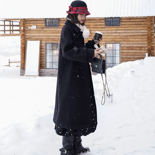 2Way襟と立体裁断 ウール100%裏地付きロングコート ポケット付き【春