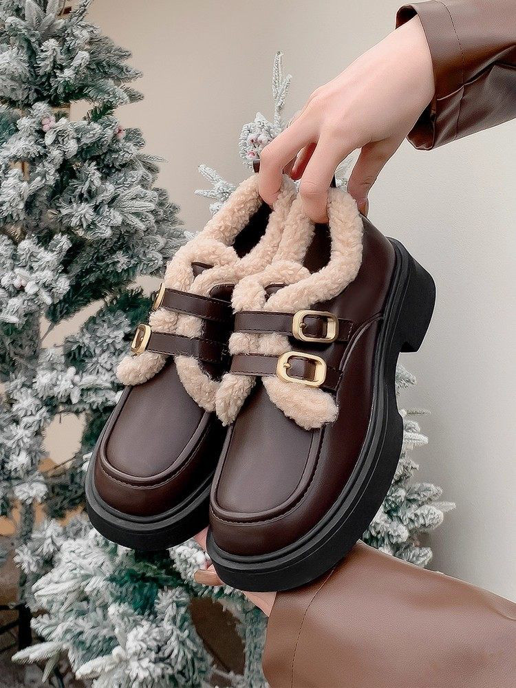 厚底楽福靴女2026秋冬新型黒加絨系インラン小革靴大サイズ婦人靴41から43