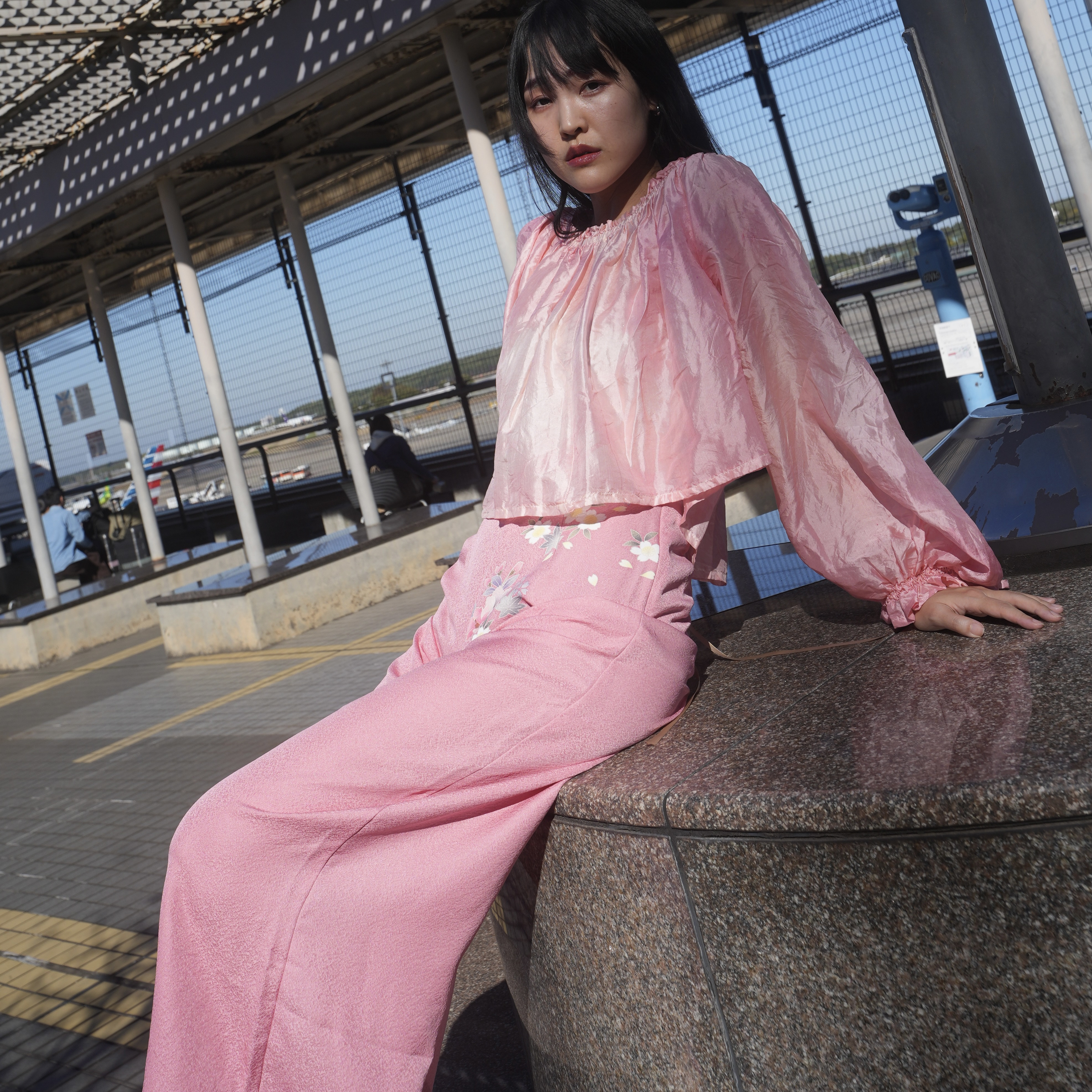 【SET】着物リメイク ハイウエスト ワイドパンツ＋シルクブラウス