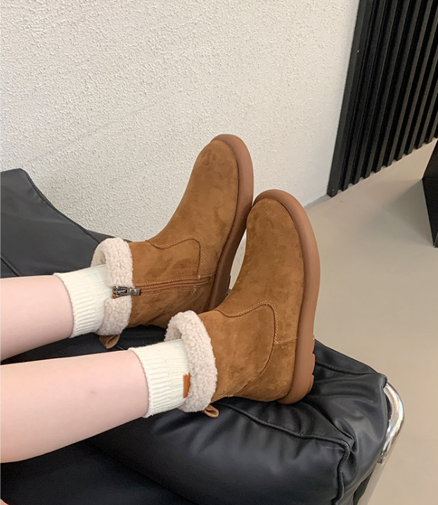 本革~ブルケンスノーブーツ女性冬加絨加厚ラム毛ショートブーツ平底保温綿靴ラージサイズ婦人靴