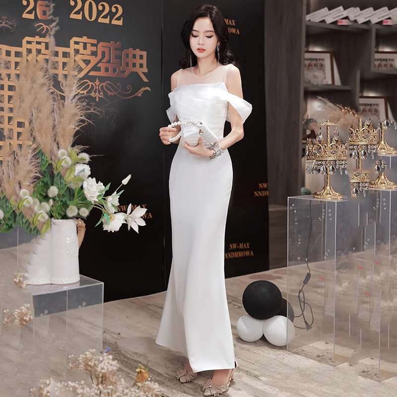 マーメイドドレス 白 黒 サテン パーティードレス シンプル 韓国風 パーティー 演奏会 前撮り お呼ばれ AK511