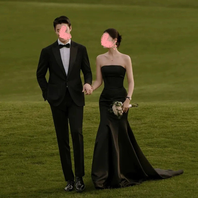 ウェディングドレス 黒 サテン ノースリーブ シンプル 結婚式 花嫁 パーティー 演奏会 前撮り お呼ばれ AK514