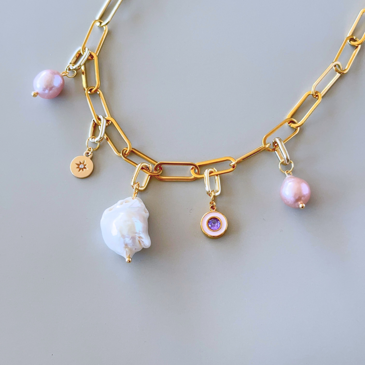 【誕生月チャーム】2way・3way バロックパール チェーンネックレス〈2月〉｜淡水パール ゴールド 誕生月チャーム