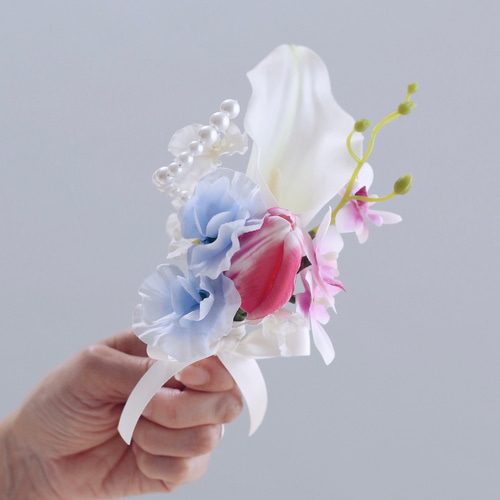 バレリーナブーケ｜ピンク×カラー×チューリップ×胡蝶蘭｜パールを添え