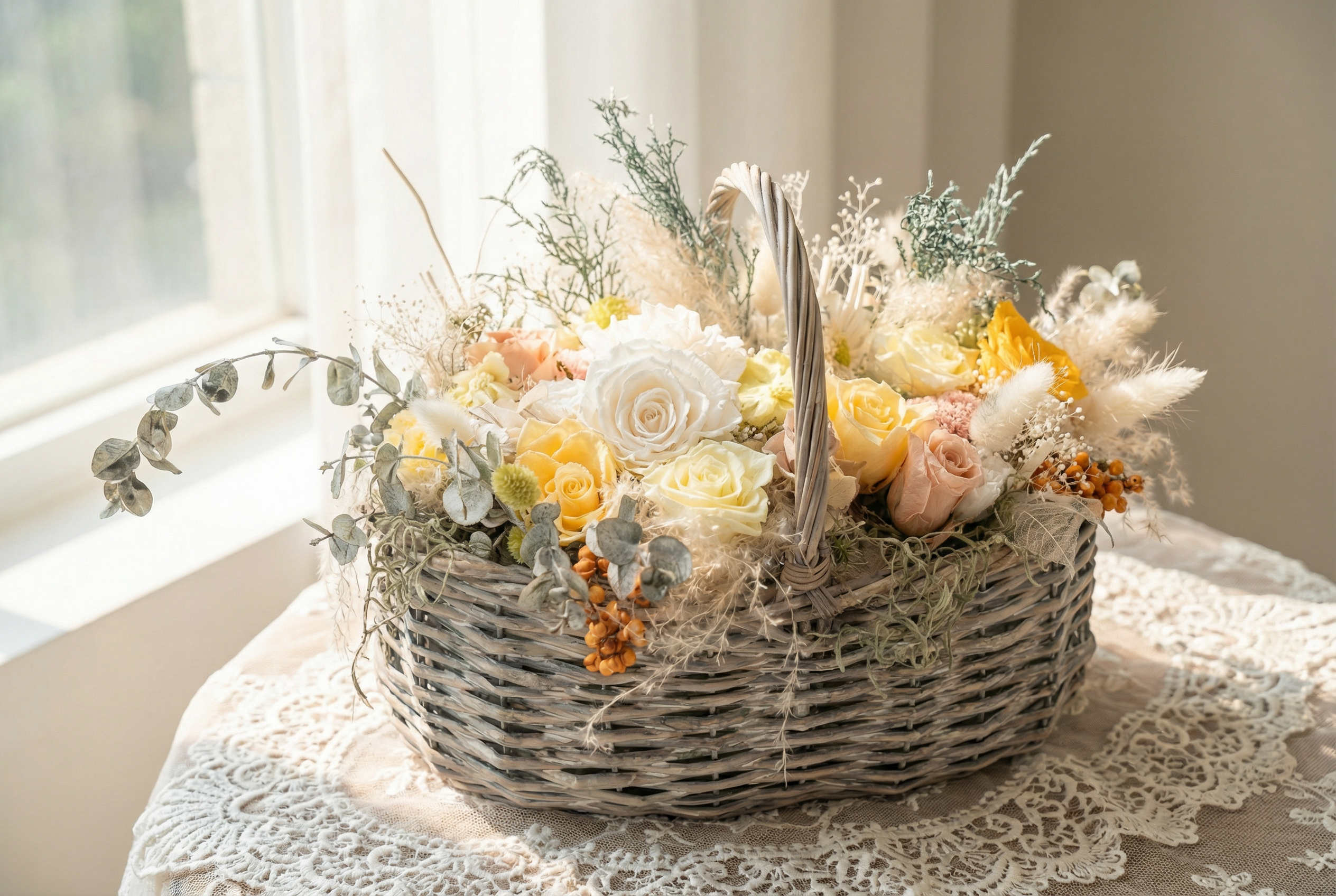 花を贅沢に詰め込んだ ナチュラルバスケットのブリザーブドフラワーアレンジ ― 生成り・ホワイト・ベージュ・クリーム