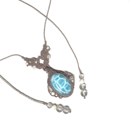 美しい波模様♪特大ラリマーのアシンメトリー天然石マクラメ編み