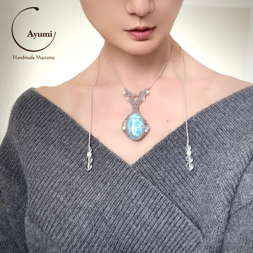 美しい波模様♪特大ラリマーのアシンメトリー天然石マクラメ編み