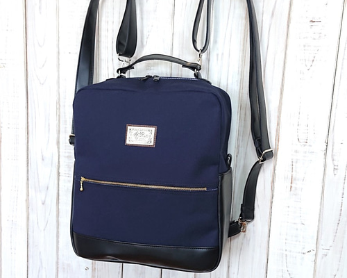 オーダー品 4wayネイビー帆布と黒合皮の四角いリュック＋バックD