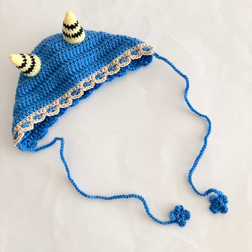 節分ベビーボンネット☆新生児～2歳サイズ 青鬼 ツノ 手編み 帽子