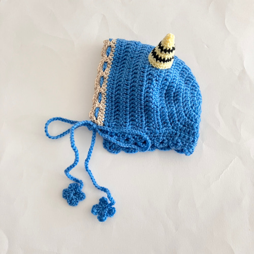 節分ベビーボンネット☆新生児～2歳サイズ 青鬼 ツノ 手編み 帽子