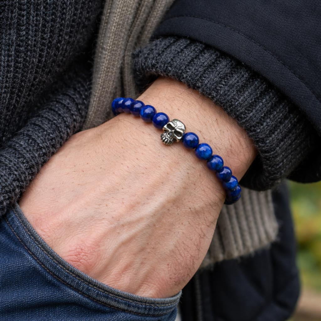 ラピスラズリ 8mm スカル シルバー925 ブレスレット《天然石／ハンドメイド》