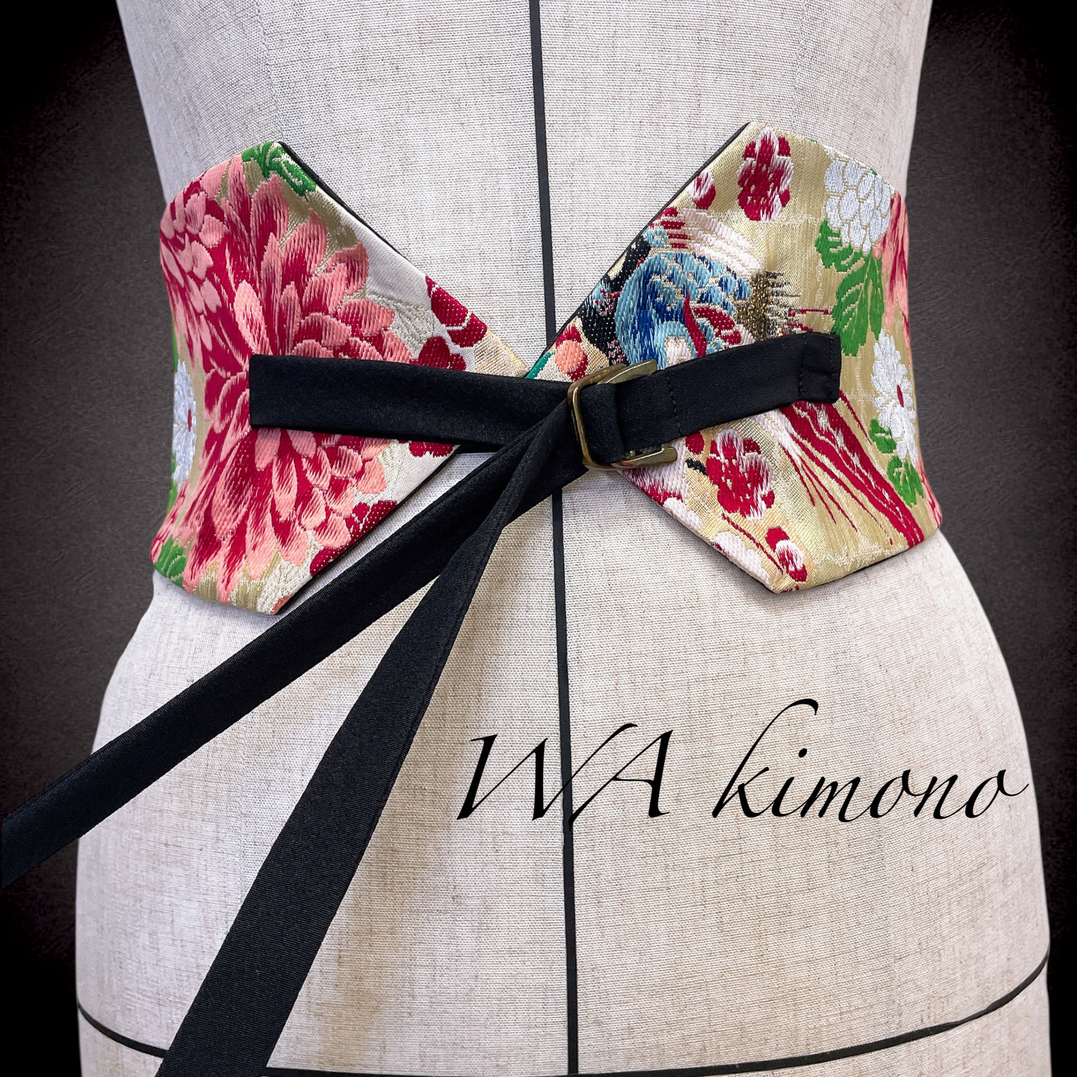 刺繍アンティーク サッシュベルト リボン ウエスト 60〜90cm 帯ベルト 帯リメイク 着物リメイク  J71213