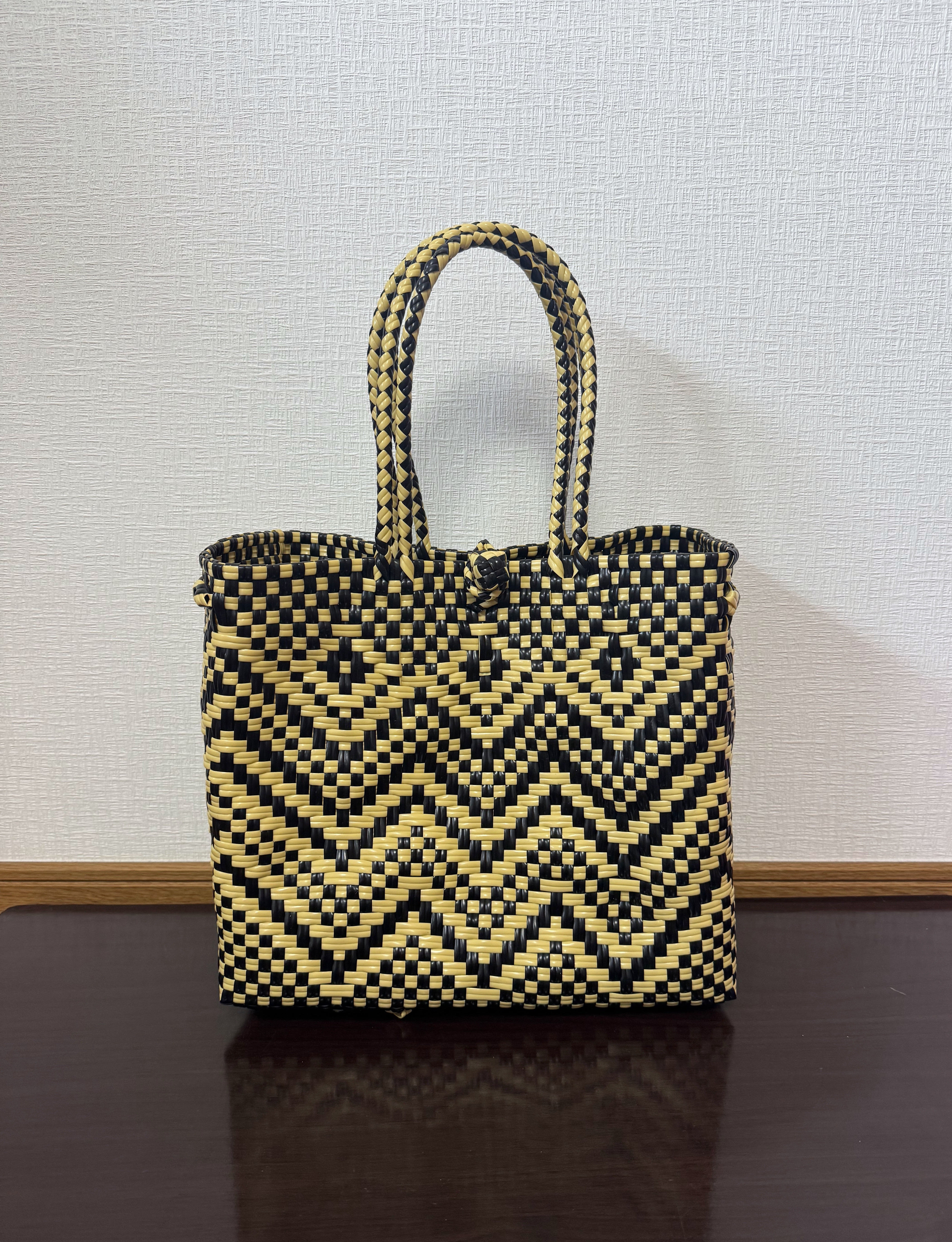 まるごと洗えるバッグ　プラカゴ　メルカド　トートバッグ　模様編み　細あみ　パサールバッグ　クリーム×ブラック