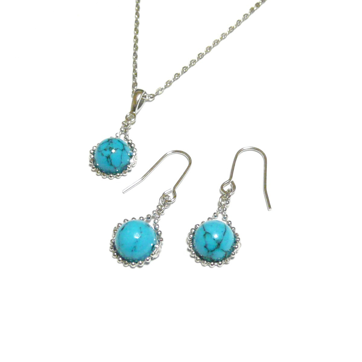 ターコイズ ペンダントネックレス ピアス ジュエリーセット シンプル 銀色 シルバーカラー 【 シンプリー 】