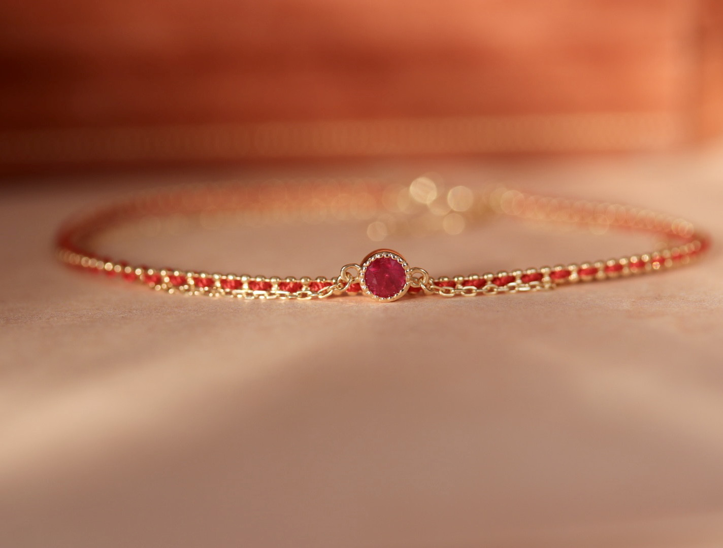 ルビー赤紐2連ブレスレットk18 4103