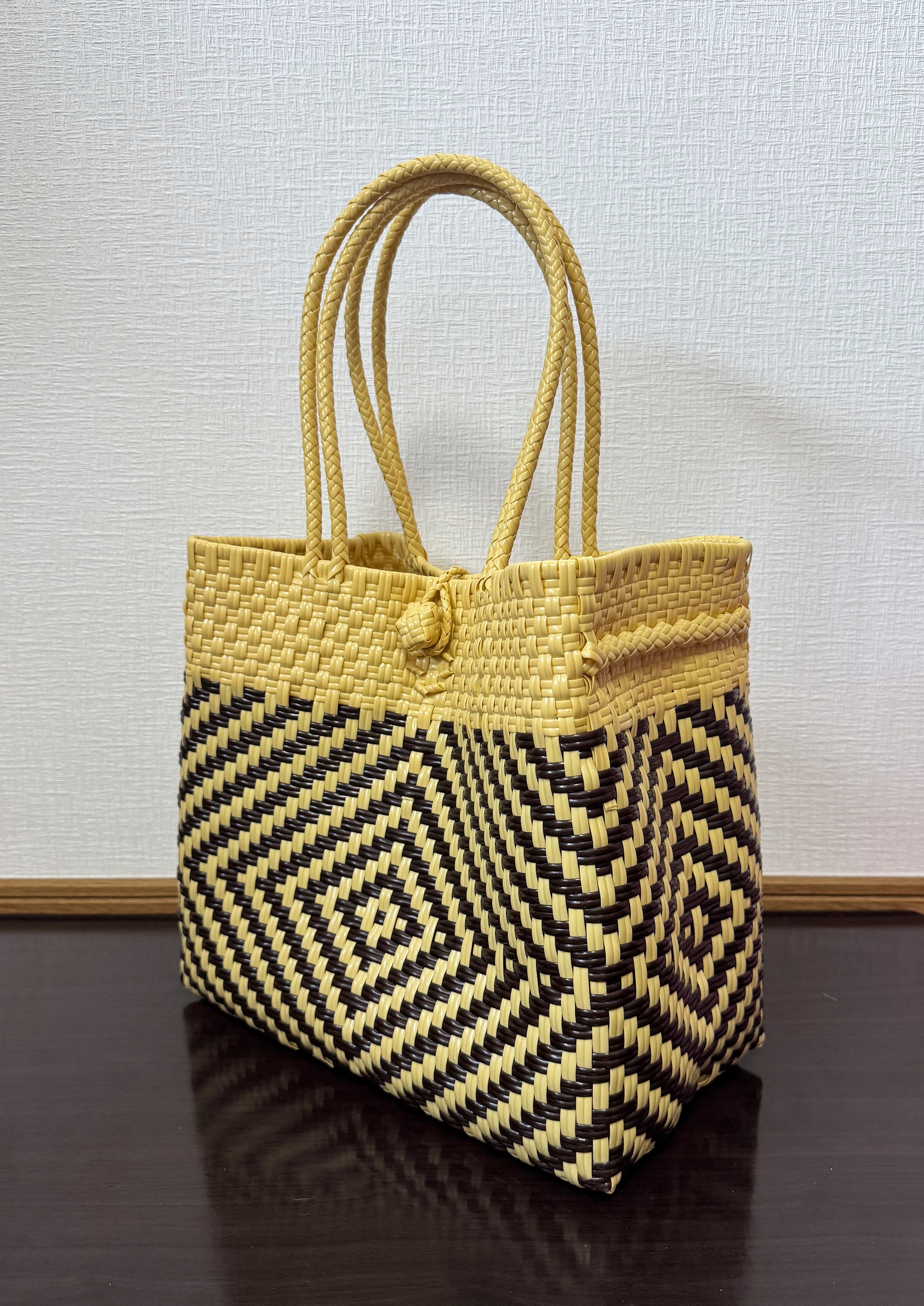 まるごと洗えるバッグ　プラカゴ　メルカド　トートバッグ　パサールバッグ　模様編み　細編み　クリーム×ダークブラウン