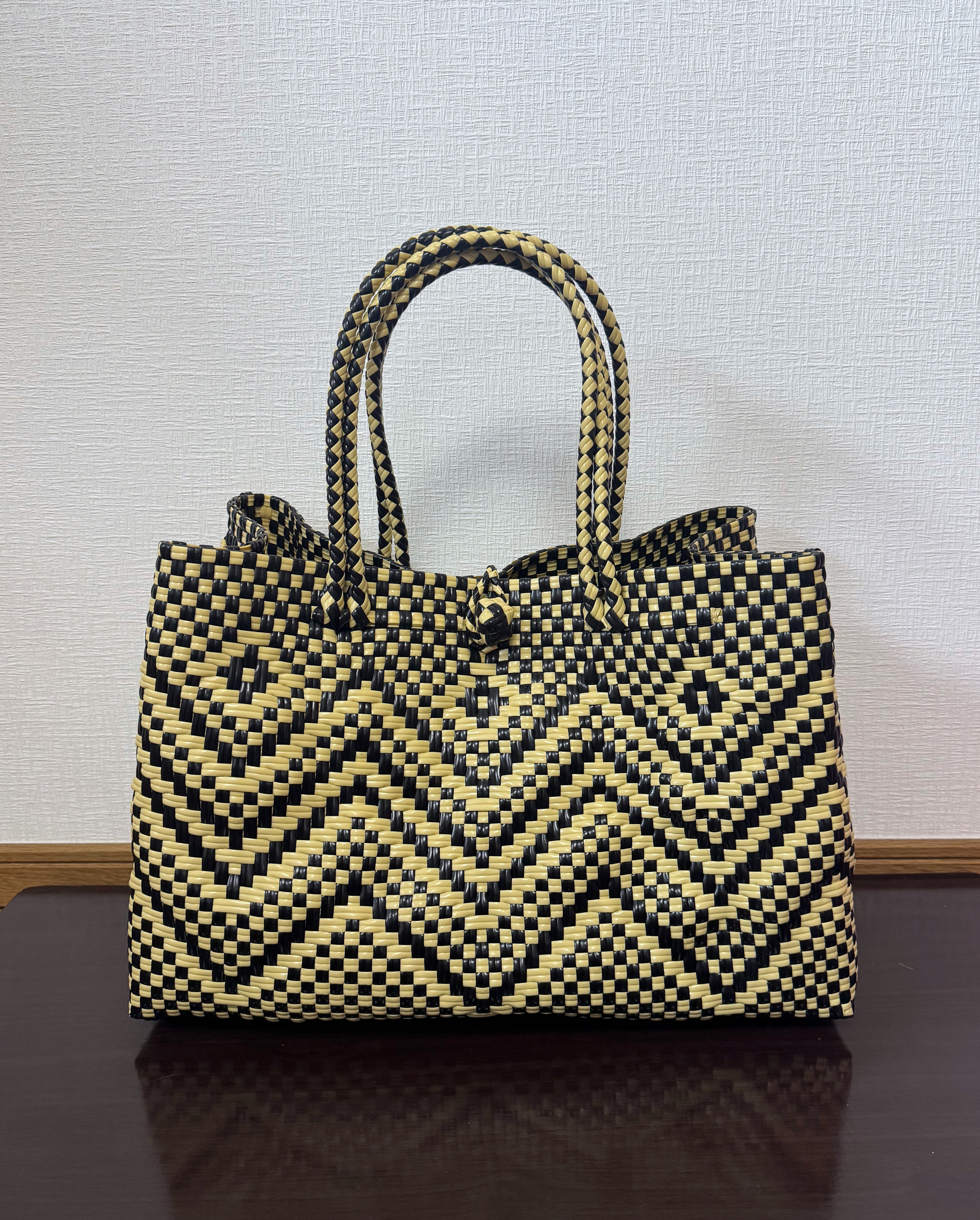 まるごと洗えるバッグ　プラカゴ　メルカド　大容量　トートバッグ　パサール　模様編み　細あみ　クリーム×ブラック　XL