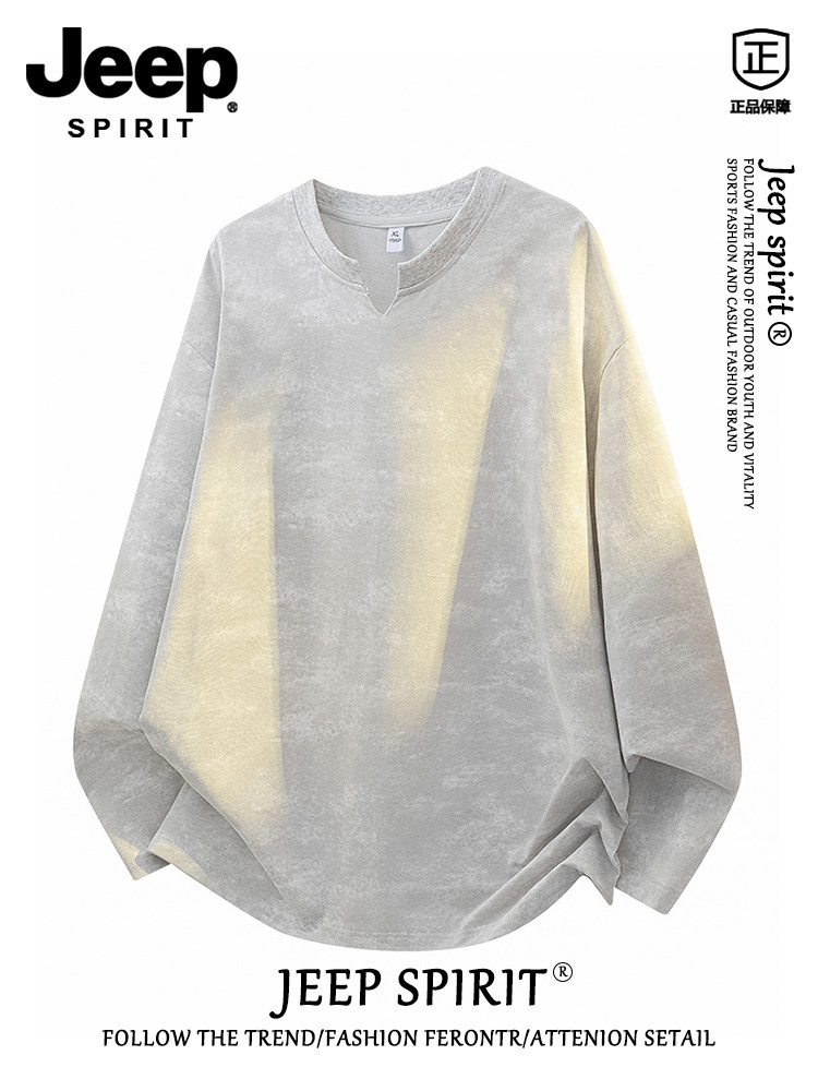 Jeep spiritアメリカンレトロ染め長袖Tシャツ男秋冬Vネックゆったりカジュアル上着男柄