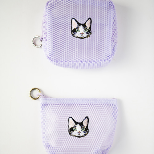 猫ちゃんたちの刺繍メッシュポーチ ポーチ〈カーリーハチワレ〉2個