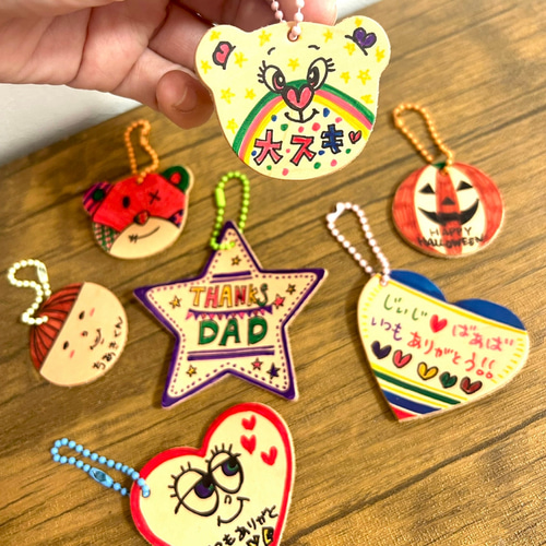 本革】お絵描きキーホルダー 5枚セット｜ヌメ革｜メッセージが書ける