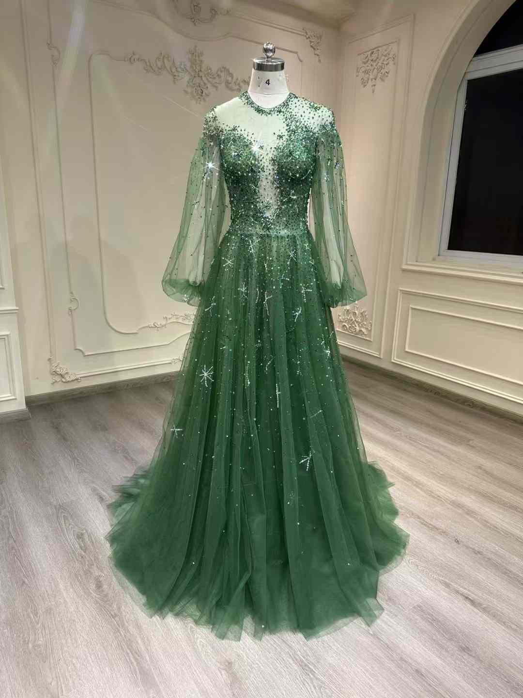 新作！緑　Aライン　セクシー　背中見せる　上品　演奏会　カラードレス音楽会パーディードレス　ストーン　きらきら　透け袖