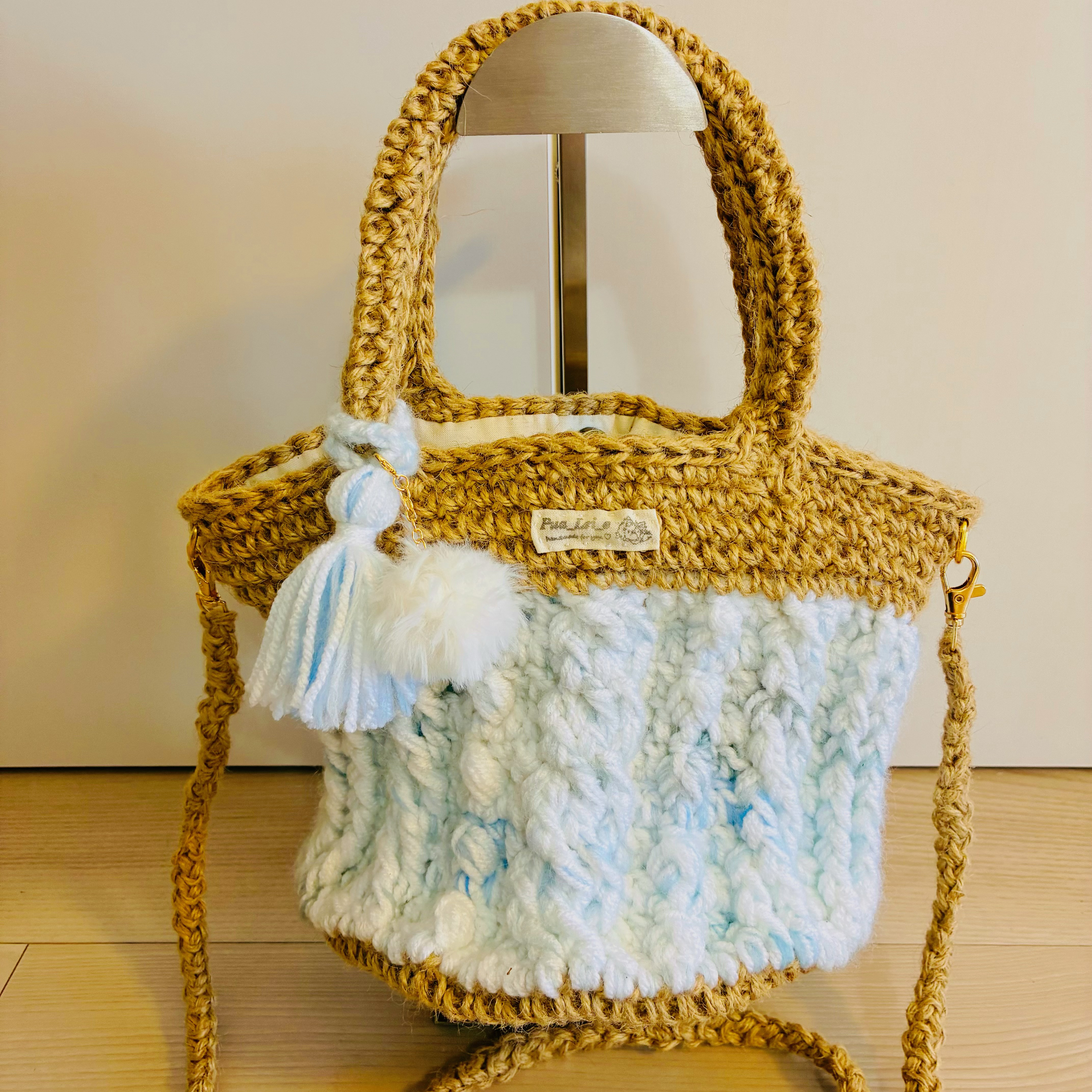 【LIVEで完成！】秋冬トレンド！もこもこ毛糸と麻の異素材MIX2wayで使える万能トートバッグ（ホワイト）