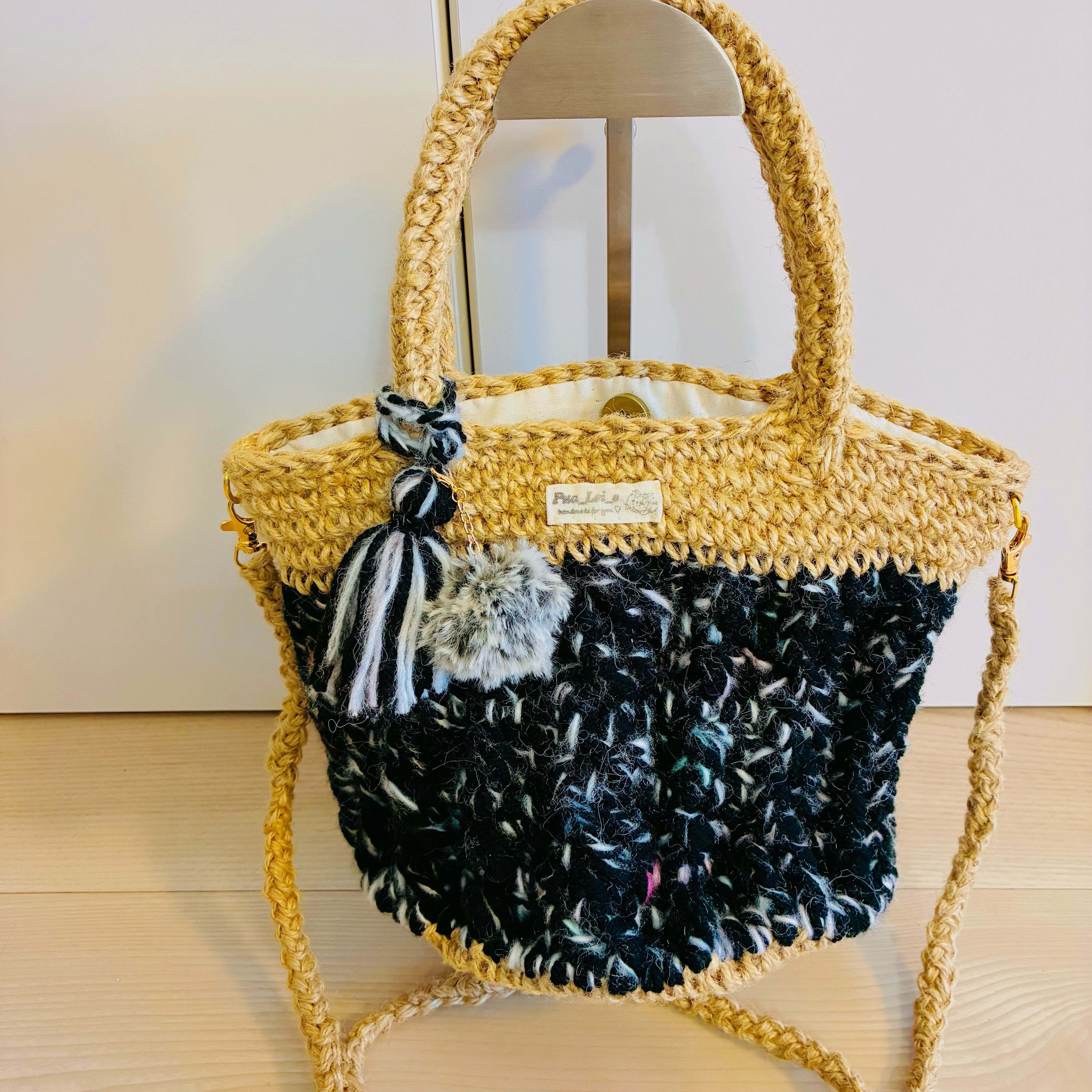 【LIVEで完成！】秋冬トレンド！もこもこ毛糸と麻の異素材MIX2wayで使える万能トートバッグ（ブラック）