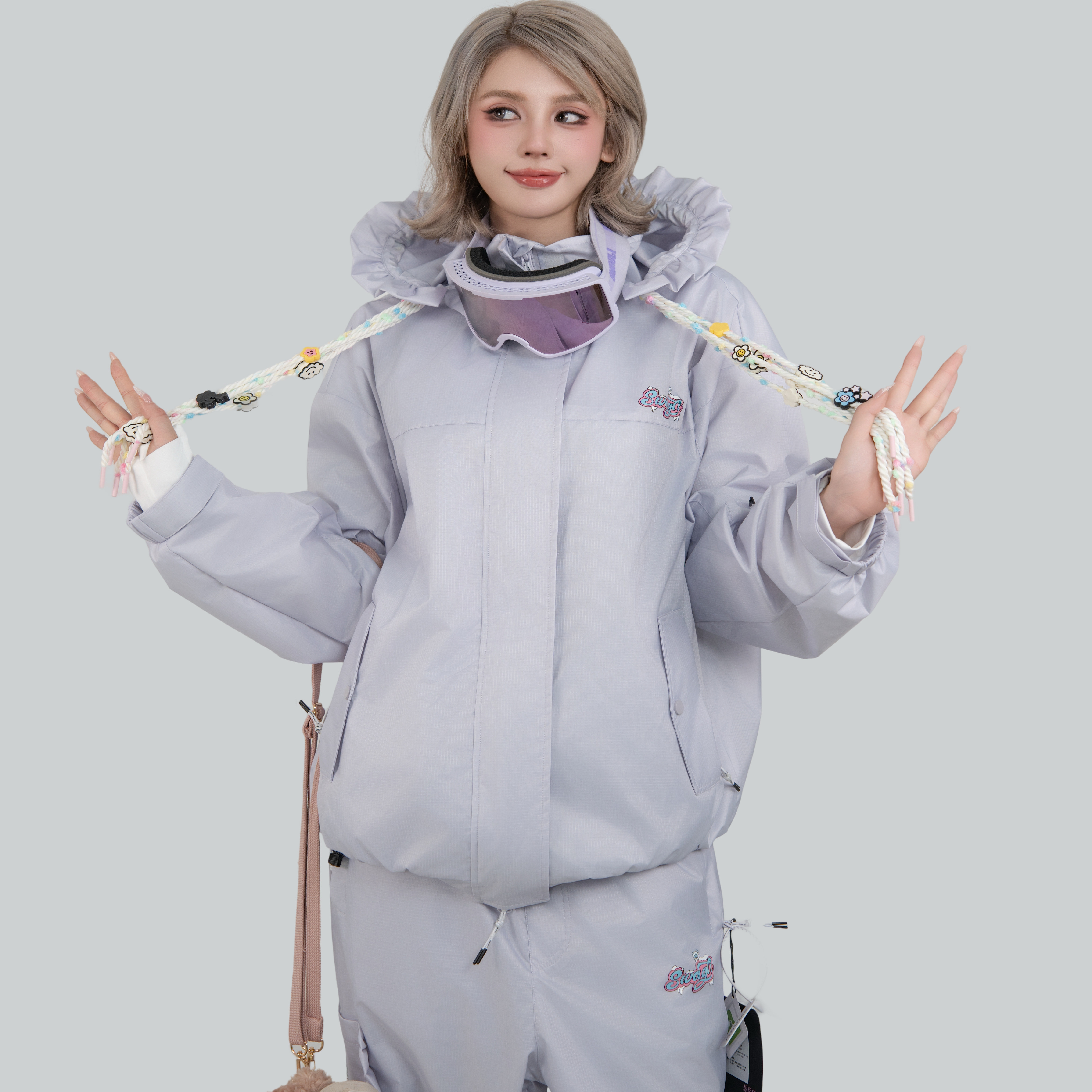 25-26 スノボウェア 上下セット 薄紫 フリル 裏起毛 撥水3L メンズ レディース ジャケット パンツ SK089