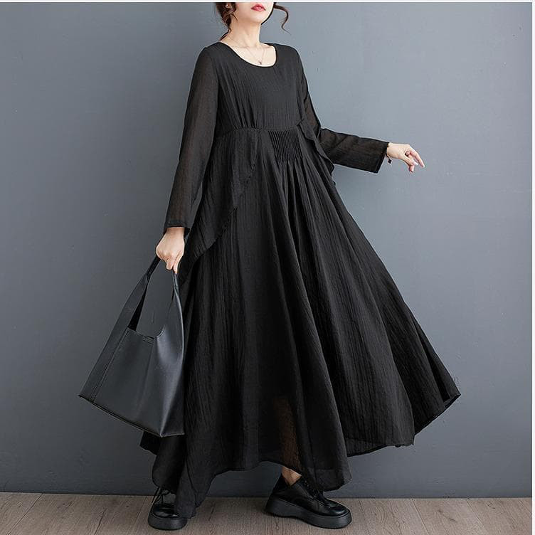 大きいサイズ 新品 3L前後 黒 ロングワンピース マキシ丈ワンピース プリーツ