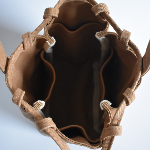 RING MINI TOTE BAG(モカ/ベージュ)ワンハンドル 巾着 帆布 トート  肩掛け コンパクト 13枚目の画像