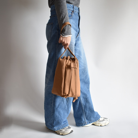 RING MINI TOTE BAG(モカ/ベージュ)ワンハンドル 巾着 帆布 トート  肩掛け コンパクト 1枚目の画像