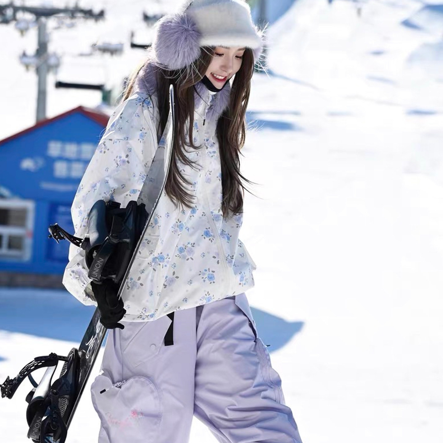 25-26 スノボウェア 上下セット ピンク 紫 もこもこネック 小花 裏起毛 3L メンズ レディース SK091