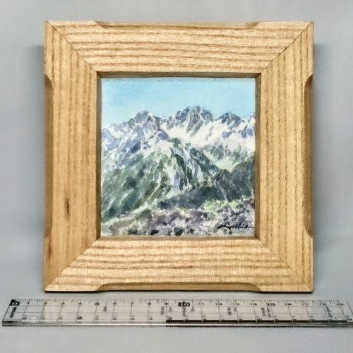 穂高連峰(常念岳より)」水彩10×10cm約桐額16×16cm 絵画 山の絵描き