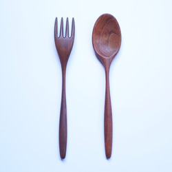 大型木質咖哩勺叉套裝（胡桃木色） 第1張的照片