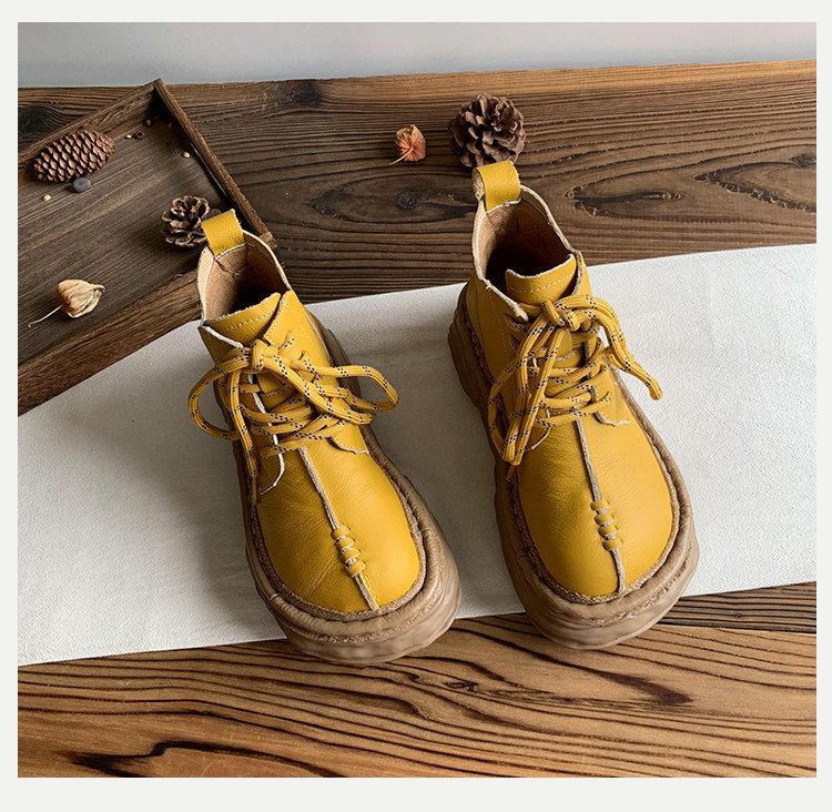 頭層牛革製 女性用厚底ショートブーツ 2025 年ウィンターモデル｜ブサカワ大トゥデザイン フリース入りマーティンブーツ