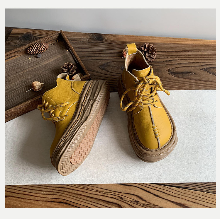 頭層牛革製 女性用厚底ショートブーツ 2025 年ウィンターモデル｜ブサカワ大トゥデザイン フリース入りマーティンブーツ