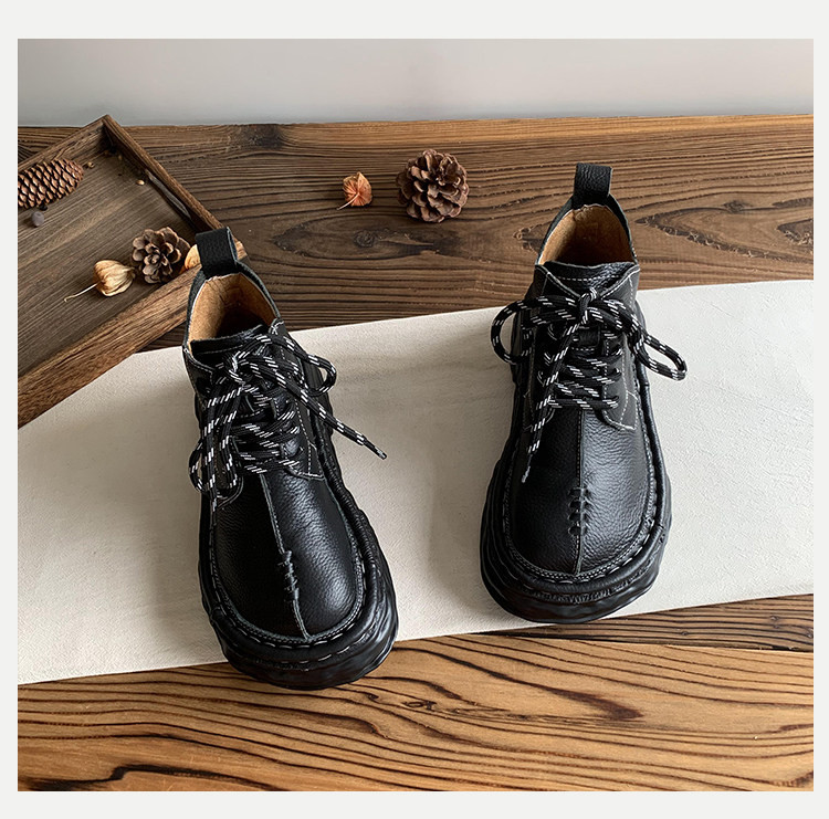 頭層牛革製 女性用厚底ショートブーツ 2025 年ウィンターモデル｜ブサカワ大トゥデザイン フリース入りマーティンブーツ