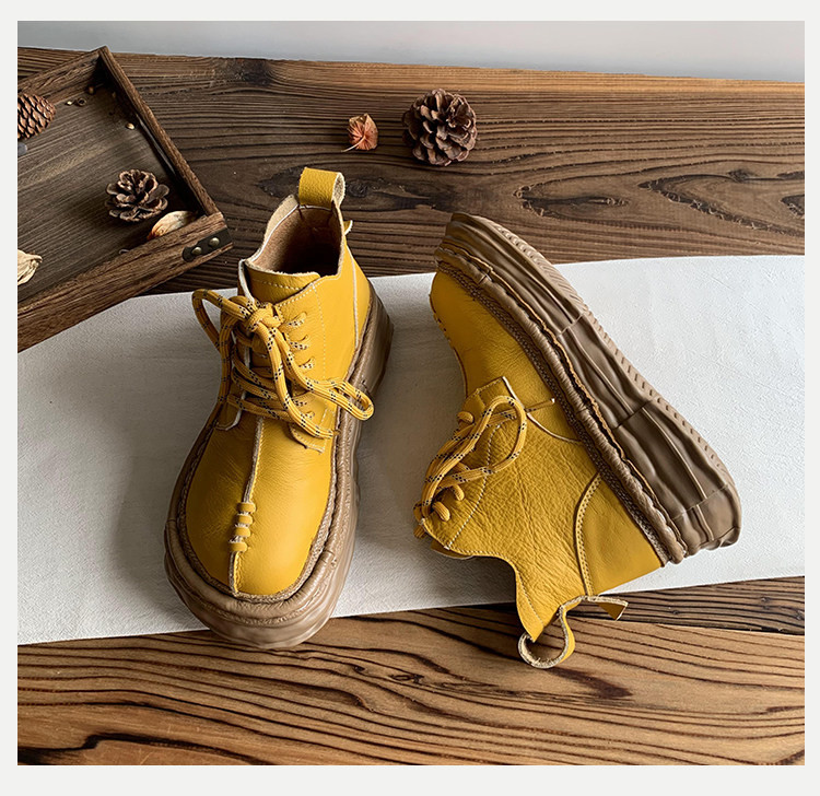 頭層牛革製 女性用厚底ショートブーツ 2025 年ウィンターモデル｜ブサカワ大トゥデザイン フリース入りマーティンブーツ