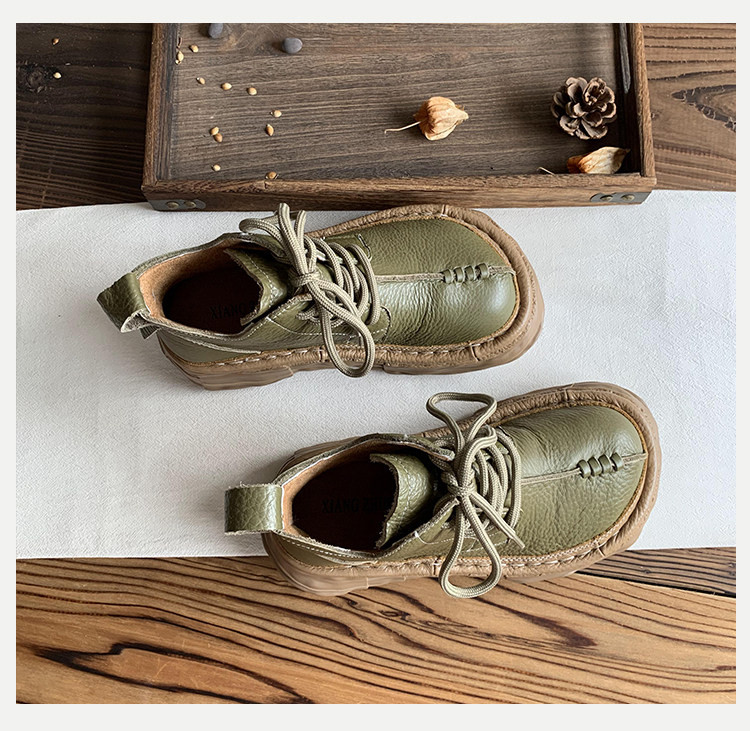 頭層牛革製 女性用厚底ショートブーツ 2025 年ウィンターモデル｜ブサカワ大トゥデザイン フリース入りマーティンブーツ