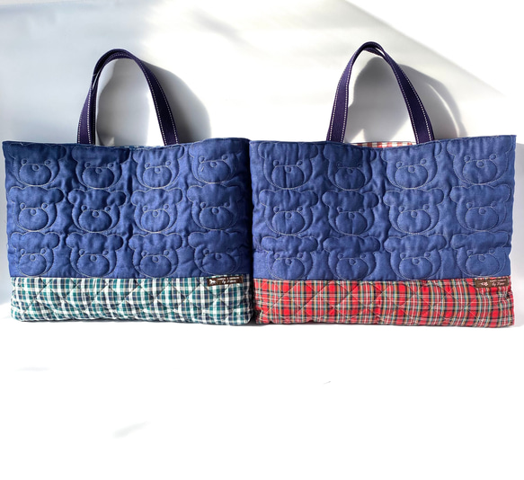 デニム風くまキルティング&リバティ（タータンチェック）キルティング