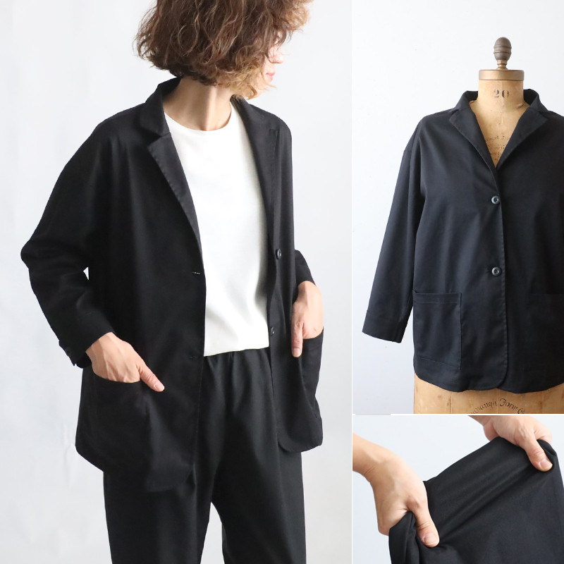 新作　ストレッチ伸縮コットンチノ生地　サッと着れる ジャケット  ゆったり カジュアル フォーマル　ブラック黒B39