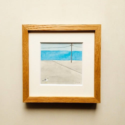 yoshikawa 水彩画 風景画 木製フレーム 一点物】原画「海を望む」 ※木製額縁入り（18㎝角）・水彩・イラスト