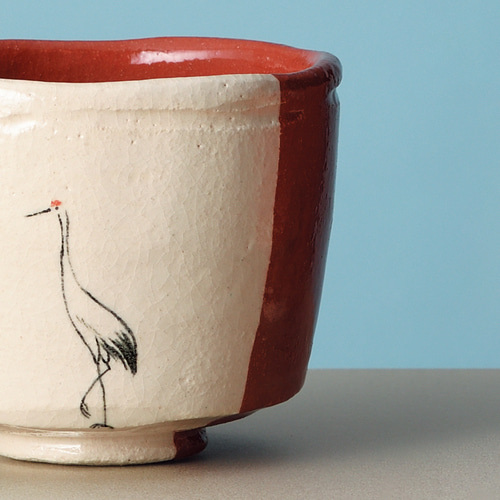 【新年売り尽くし値下げ】 九谷焼　華山（または華峯）の金彩鶴絵抹茶碗　茶道具 九谷焼 茶道具 抹茶茶碗 青粒鉄仙（新古今和歌集細字入り） 錦泉作